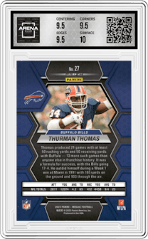 Thurman Thomas from the 2023 Panini Mosaic set featuring a Red Mosaic parallel graded by Arena Club and given an overall grade of 10.