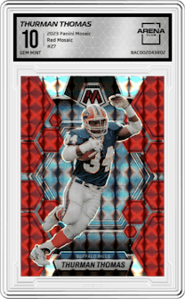 Thurman Thomas from the 2023 Panini Mosaic set featuring a Red Mosaic parallel graded by Arena Club and given an overall grade of 10.