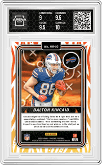 Dalton Kincaid from the 2023 Panini Phoenix set graded by Arena Club and given an overall grade of 9.5.