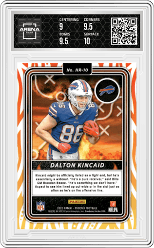 Dalton Kincaid from the 2023 Panini Phoenix set graded by Arena Club and given an overall grade of 9.5.