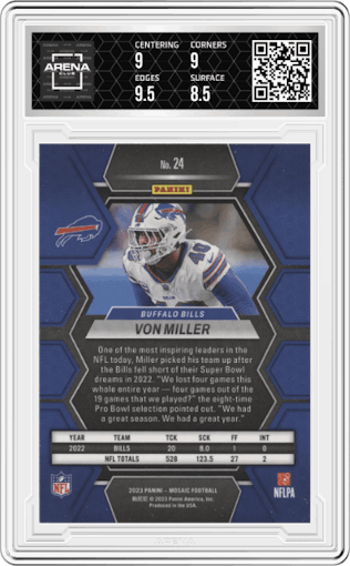 Von Miller from the 2023 Panini Mosaic set graded by Arena Club and given an overall grade of 9.