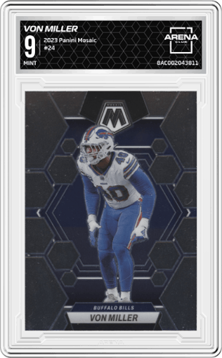 Von Miller from the 2023 Panini Mosaic set graded by Arena Club and given an overall grade of 9.
