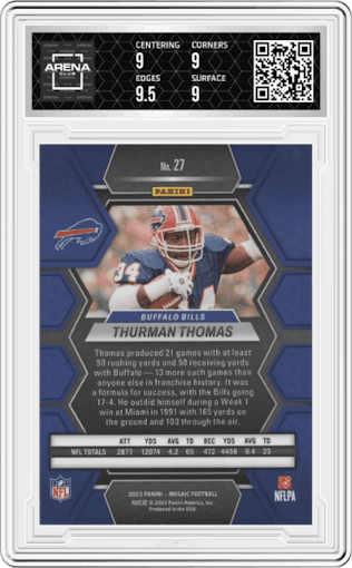 Thurman Thomas from the 2023 Panini Mosaic set graded by Arena Club and given an overall grade of 9.