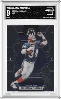 Thurman Thomas from the 2023 Panini Mosaic set graded by Arena Club and given an overall grade of 9.