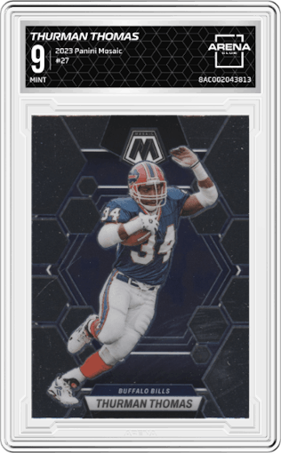 Thurman Thomas from the 2023 Panini Mosaic set graded by Arena Club and given an overall grade of 9.