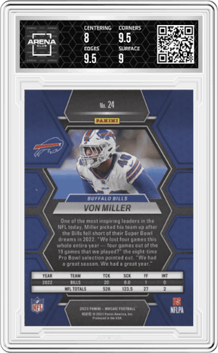 Von Miller from the 2023 Panini Mosaic set graded by Arena Club and given an overall grade of 8.5.