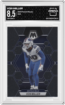 Von Miller from the 2023 Panini Mosaic set graded by Arena Club and given an overall grade of 8.5.