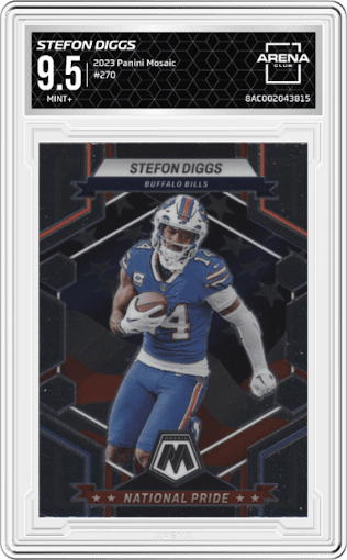 Stefon Diggs from the 2023 Panini Mosaic set graded by Arena Club and given an overall grade of 9.5.