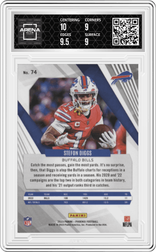 Stefon Diggs from the 2023 Panini Phoenix set graded by Arena Club and given an overall grade of 9.5.