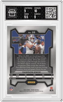 Dawson Knox from the 2023 Panini Prizm set graded by Arena Club and given an overall grade of 9.5.