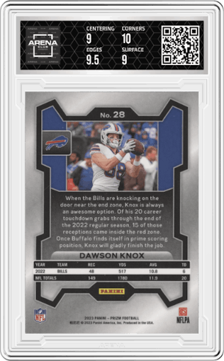 Dawson Knox from the 2023 Panini Prizm set graded by Arena Club and given an overall grade of 9.5.
