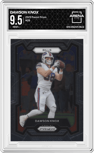 Dawson Knox from the 2023 Panini Prizm set graded by Arena Club and given an overall grade of 9.5.