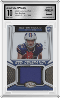 Dalton Kincaid from the 2023 Panini Certified set graded by Arena Club and given an overall grade of 10.