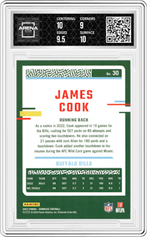 James Cook from the 2023 Panini Donruss set graded by Arena Club and given an overall grade of 9.5.