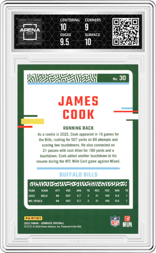 James Cook from the 2023 Panini Donruss set graded by Arena Club and given an overall grade of 9.5.