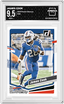 James Cook from the 2023 Panini Donruss set graded by Arena Club and given an overall grade of 9.5.