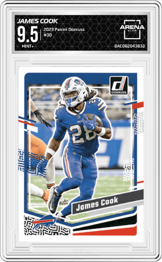 James Cook from the 2023 Panini Donruss set graded by Arena Club and given an overall grade of 9.5.