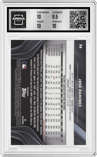 Jose Ramirez from the 2023 Topps Chrome Black set featuring a Blue Refractor parallel graded by Arena Club and given an overall grade of 10.