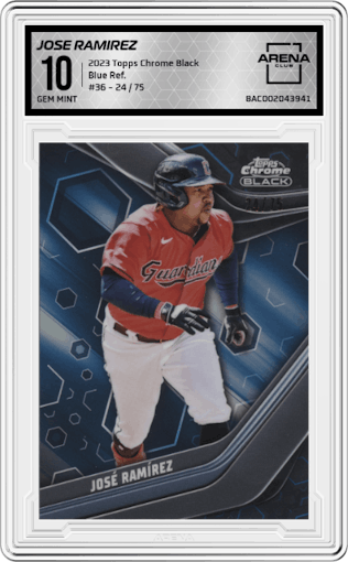Jose Ramirez from the 2023 Topps Chrome Black set featuring a Blue Refractor parallel graded by Arena Club and given an overall grade of 10.