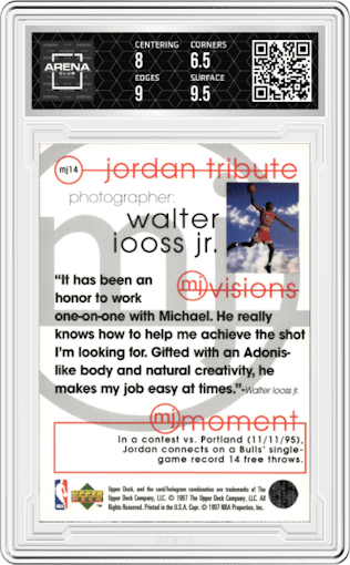 Michael Jordan from the 1997-98 Upper Deck Michael Jordan Tribute set graded by Arena Club and given an overall grade of 7.