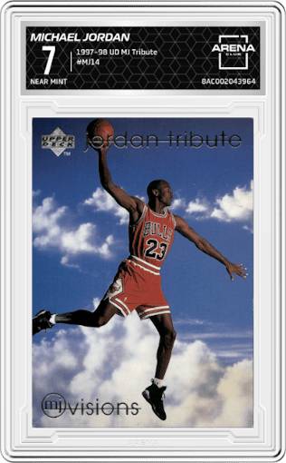 Michael Jordan from the 1997-98 Upper Deck Michael Jordan Tribute set graded by Arena Club and given an overall grade of 7.