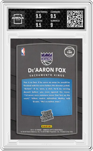 De'Aaron Fox from the 2017-18 Panini Donruss Optic set featuring a Red/Yellow  parallel graded by Arena Club and given an overall grade of 9.5.