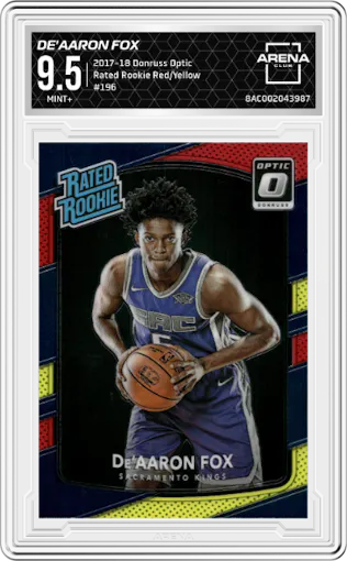 De'Aaron Fox from the 2017-18 Panini Donruss Optic set featuring a Red/Yellow  parallel graded by Arena Club and given an overall grade of 9.5.