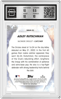 Adley Rutschman from the 2023 Topps Series 1 set graded by Arena Club and given an overall grade of 10.
