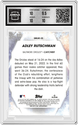 Adley Rutschman from the 2023 Topps Series 1 set graded by Arena Club and given an overall grade of 10.