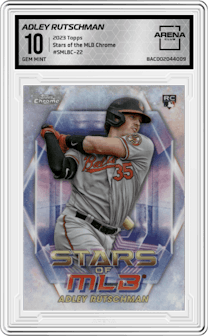 Adley Rutschman from the 2023 Topps Series 1 set graded by Arena Club and given an overall grade of 10.