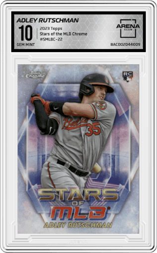 Adley Rutschman from the 2023 Topps Series 1 set graded by Arena Club and given an overall grade of 10.
