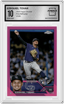 Ezequiel Tovar from the 2023 Topps Chrome set featuring a Pink Refractor parallel graded by Arena Club and given an overall grade of 10.