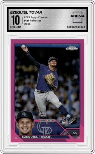 Ezequiel Tovar from the 2023 Topps Chrome set featuring a Pink Refractor parallel graded by Arena Club and given an overall grade of 10.