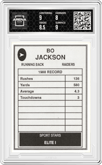Bo Jackson from the 1990 Sport Stars Elite I set graded by Arena Club and given an overall grade of 8.5.