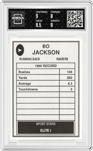 Bo Jackson from the 1990 Sport Stars Elite I set graded by Arena Club and given an overall grade of 8.5.