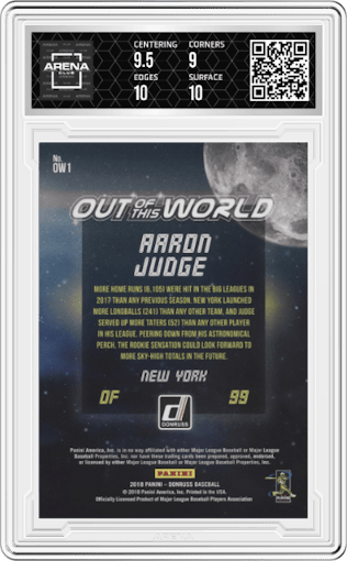 Aaron Judge from the 2018 Panini Donruss set graded by Arena Club and given an overall grade of 9.5.