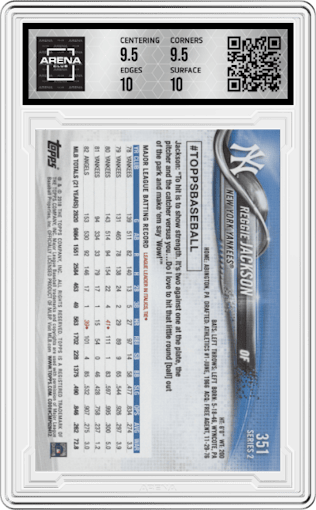 Reggie Jackson from the 2018 Topps Series 2 set graded by Arena Club and given an overall grade of 10.