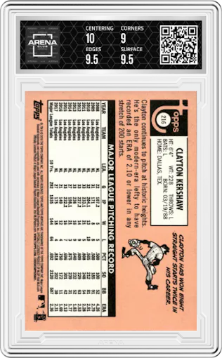 Clayton Kershaw from the 2018 Topps Heritage set graded by Arena Club and given an overall grade of 9.5.