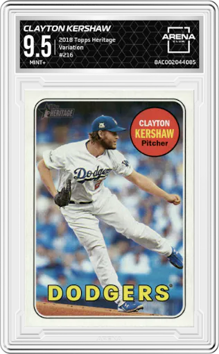 Clayton Kershaw from the 2018 Topps Heritage set graded by Arena Club and given an overall grade of 9.5.