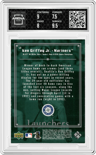 Ken Griffey Jr. from the 1999 Upper Deck HoloGrFX set graded by Arena Club and given an overall grade of 8.
