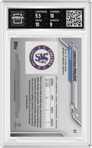 Christian Pulisic from the 2019-20 Topps Chrome Sapphire Edition UEFA Champions League set graded by Arena Club and given an overall grade of 9.5.