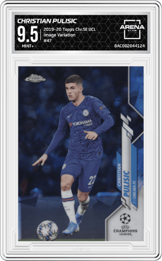 Christian Pulisic from the 2019-20 Topps Chrome Sapphire Edition UEFA Champions League set graded by Arena Club and given an overall grade of 9.5.
