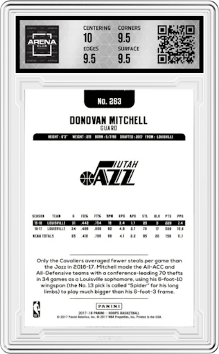 Donovan Mitchell from the 2017-18 Panini NBA Hoops set graded by Arena Club and given an overall grade of 10.