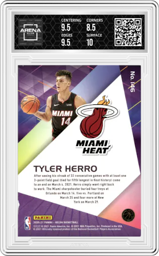 Tyler Herro from the 2020-21 Panini Recon set featuring a Holo Orange parallel graded by Arena Club and given an overall grade of 9.