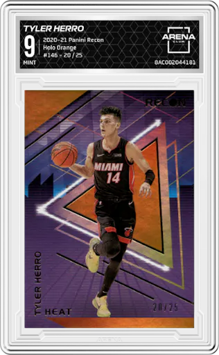 Tyler Herro from the 2020-21 Panini Recon set featuring a Holo Orange parallel graded by Arena Club and given an overall grade of 9.