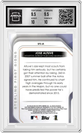 Jose Altuve from the 2020 Bowman Sterling set graded by Arena Club and given an overall grade of 10.