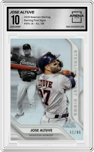 Jose Altuve from the 2020 Bowman Sterling set graded by Arena Club and given an overall grade of 10.
