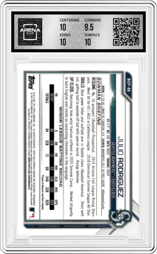 Julio Rodriguez from the 2021 Bowman set featuring a Speckle Refractor parallel graded by Arena Club and given an overall grade of 10.