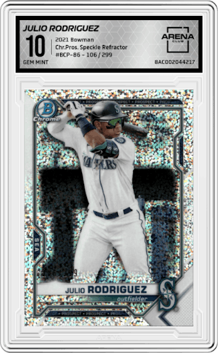 Julio Rodriguez from the 2021 Bowman set featuring a Speckle Refractor parallel graded by Arena Club and given an overall grade of 10.