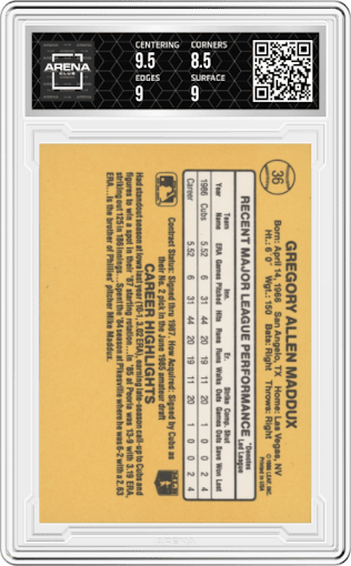 Greg Maddux from the 1987 Donruss set featuring a Variation parallel graded by Arena Club and given an overall grade of 9.